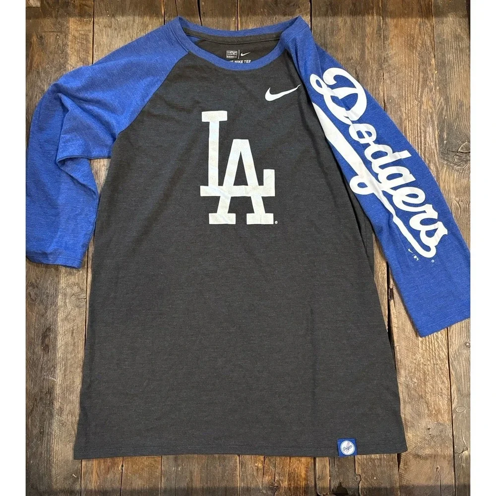 Nike MLB LA Dodgers Baseball Tshirt 3/4 Sleeve Womens Medium Charcoal Blue